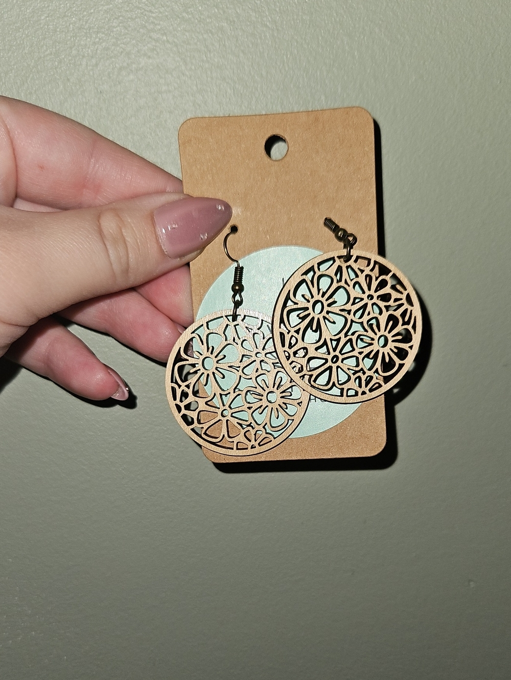 Floral Cutout Wood Drop Earrings in Light Tan
